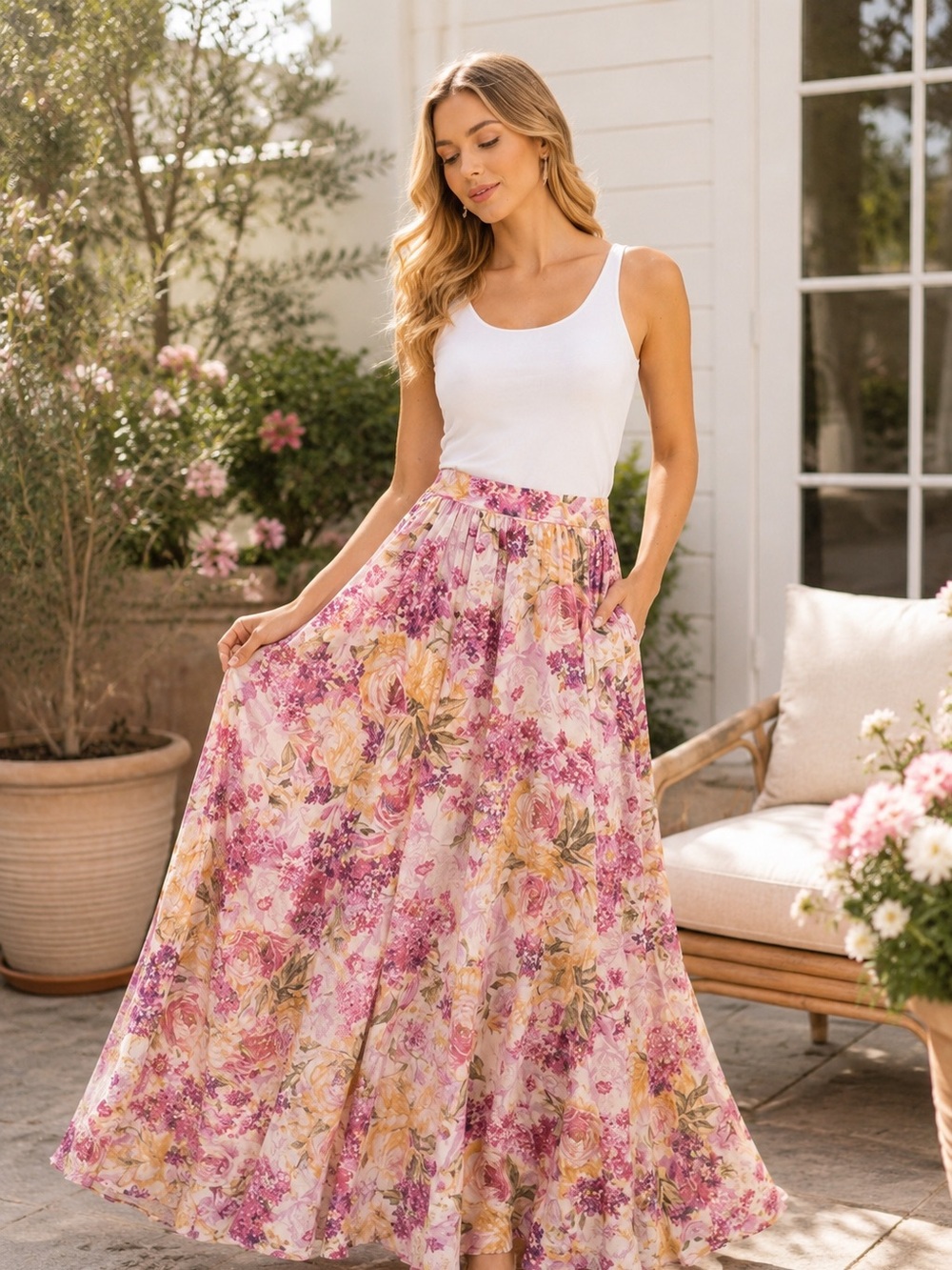 Floral Maxi Skirt in Pink & Cream - Picture 1 of 3